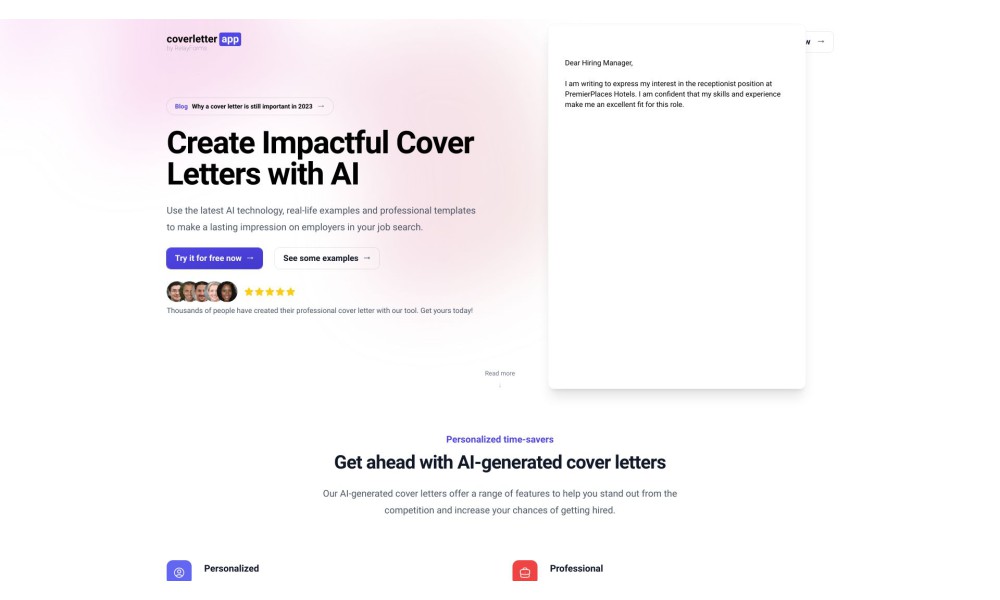 AI Cover Letters, Examples & Templates | coverletter.app
